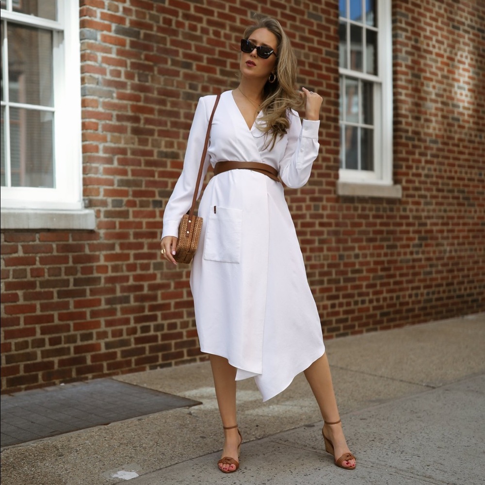 Tibi white wrap asymmetrical midi dress with belt